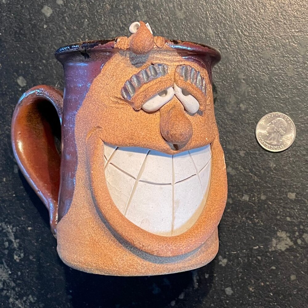 Adorable 8 Oz. Pottery Mug, Handcrafted Silly Faces, Vintage - Picture 1 of 9